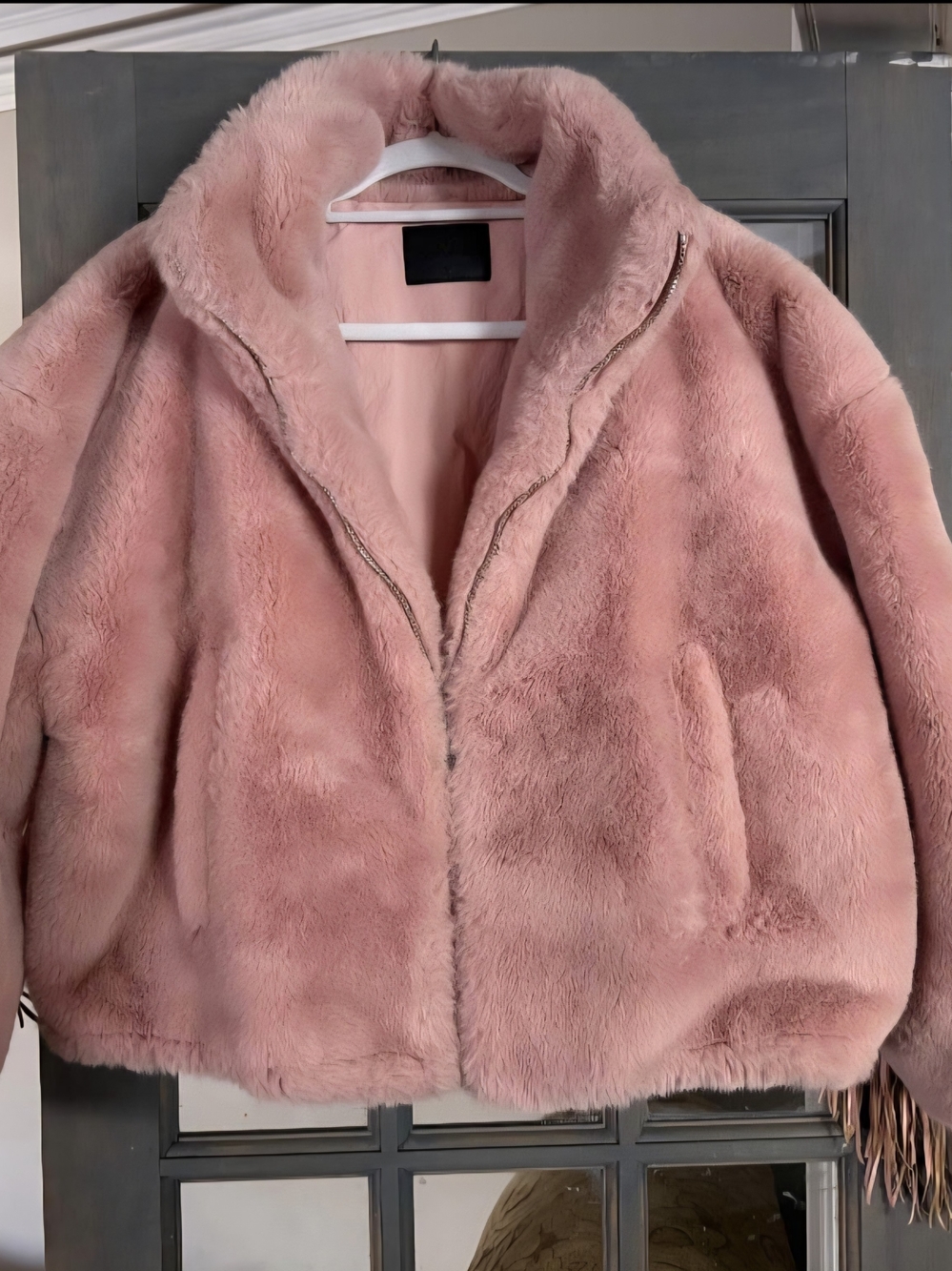Plush Rose Pink Faux Fur Fringe Zip-Up Jacket